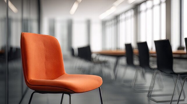 Modern office chair features a durable polypropylene seat shell supported by slender black metal legs. Vibrant orange chairs arranged in a neat row within a bright, contemporary style. 