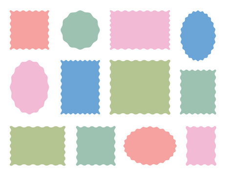 Zig zag edge circle, oval, rectangle, shape collection. Vector set colorful zigzag wavy edge frames. 