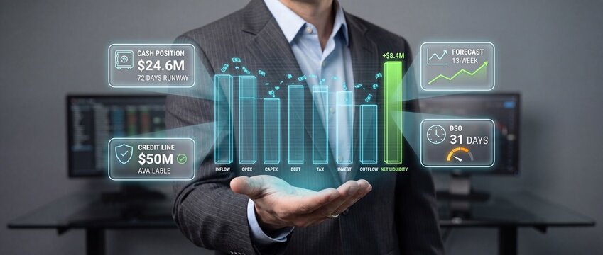 Businessman presenting financial data with holographic charts and graphs showing cash flow credit line forecast and dso representing business analytics and financial strategy on a dark background