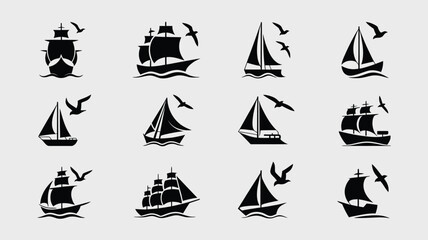 Twelve sailing ship and boat icons with seagull silhouettes on simple light grey background. © Sonkear