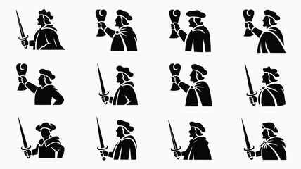 Medieval explorer silhouette collection holding upright sword and scroll in profile view. © Sonkear
