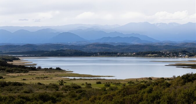Landscape with lake or bay, tend and mountains on horizon
