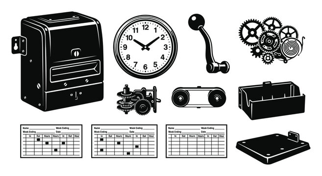 Black and white time clock machine and parts on transparent background