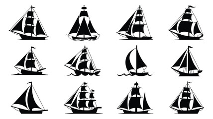 Set of old sailing ships and caravels, different designs, black and white silhouettes. © Sonkear