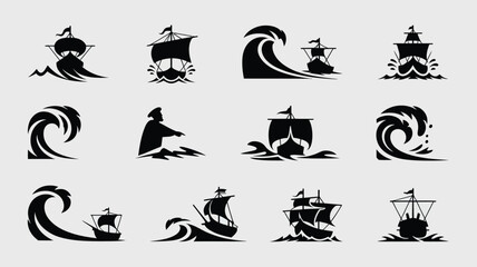 Collection of sailing ships navigating through rough ocean waves. © Sonkear