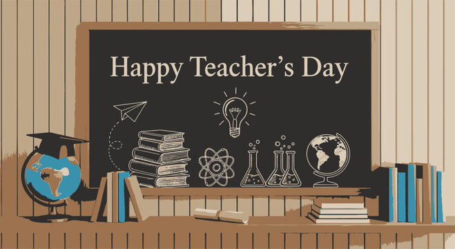 Classroom scene for happy teacher's day with globe and science tools on chalkboard shelf vector graphic Teacher's Day