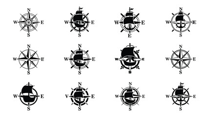 Series of compass rose icons featuring sailing vessels and navigation equipment on white. © Sonkear