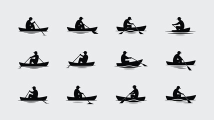 Silhouette of man rowing small boat set with oarsman paddling across water surface vector. © Sonkear