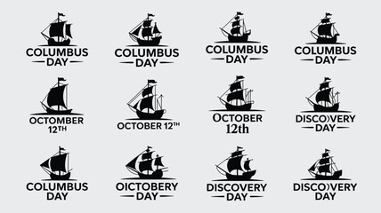 Columbus day sailing ship emblem set with historical caravel and discovery text typography. © Sonkear