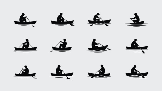Silhouette of man rowing small boat set with oarsman paddling across water surface vector.