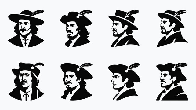 Historical male portrait collection of Christopher Columbus explorer flat vector silhouettes.