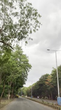Scenic roadside trees beneath dramatic monsoon clouds and soft daylight, filmed from a moving vehicle in 4K, capturing lush urban greenery, streetlights, and a calm overcast atmosphere on city roads.
