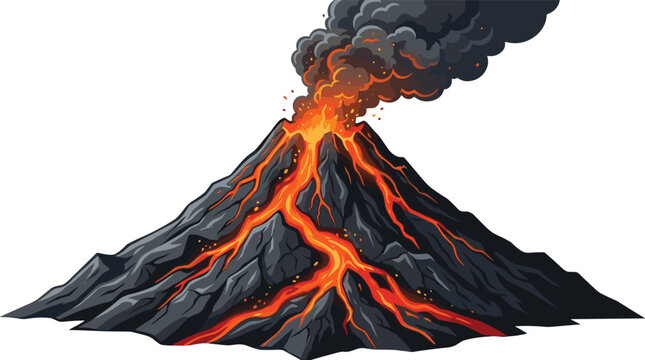 Erupting volcano mountain with flowing lava and dark smoke illustrationErupting volcano mountain with flowing lava and dark smoke illustration
