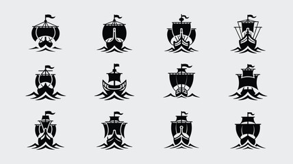 Set of black silhouette icons depicting various sailing ships on white background design. © Sonkear