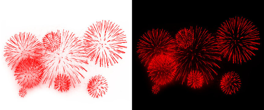 Red fireworks display on white and black backgrounds, vibrant pyrotechnic explosions, festive red firework bursts for holiday celebrations and events