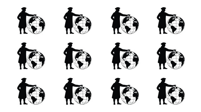 Sailor discoverer explorer holding world globe vector design black white graphic set.