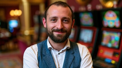 Obraz premium Casino service professional smiling in luxury resort gaming area