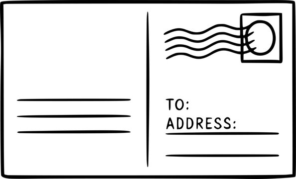 Minimalist doodle postcard vector template back view with handwritten style address lines, wavy postmark, and stamp border isolated on a white background.