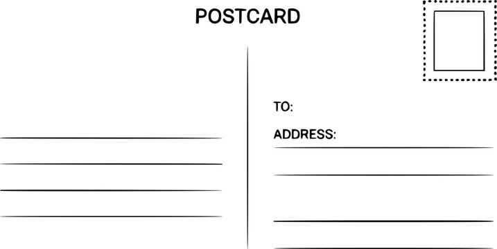 Blank postcard vector template back view with address lines, stamp box frame, and message divider line isolated on a white background for travel correspondence.