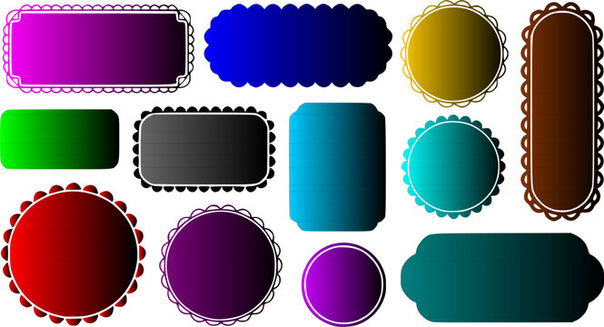 Collection of colorful vintage frame vector labels, blank ornate banner stickers with decorative scalloped borders and gradient shapes isolated on a white background.