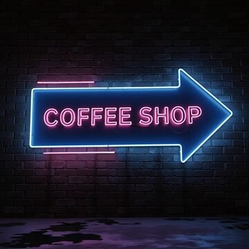 Neon sign with arrow and text "Coffee Shop" on a dark wall, modern coffee shop concept, urban signage, food business and nighttime atmosphere