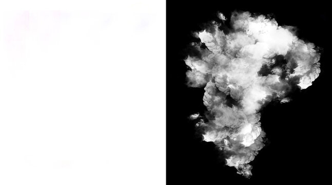 Atmospheric white smoke plume on black background, thick steam cloud with alpha channel mask, ethereal vapor puff for cinematic visual effects