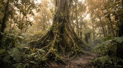Obraz premium Ancient, moss-covered tree with massive roots in a lush, misty rainforest