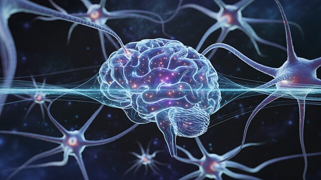 Human brain with neurons and neural connections, glowing purple and blue nervous system