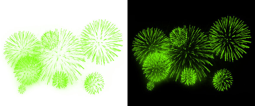 Green fireworks display on black and white backgrounds, vibrant pyrotechnic explosions, festive lime green firework bursts for holiday celebrations