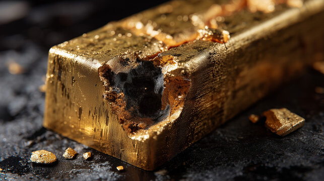 A single solid gold bar resting on a dark matte black surface, one corner bitten like an apple, realistic bite mark with visible metallic interior, exposed gold texture showing intricate layers, scrat