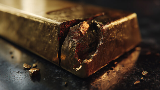 A single solid gold bar resting on a dark matte black surface, one corner bitten like an apple, realistic bite mark with visible metallic interior, exposed gold texture showing intricate layers, scrat