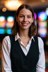 Obraz premium Resort gaming lounge host smiling in front of colorful casino lights