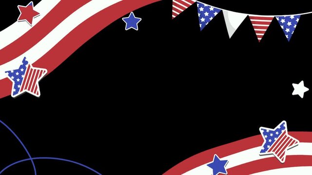 Bunting flags and star decorations arranged in a frame pattern create a festive border against a deep black background.