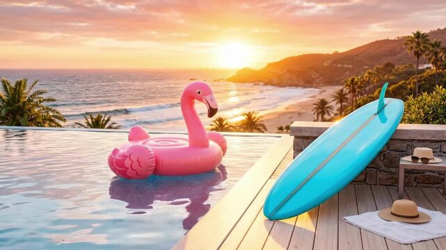 Pink flamingo float in infinity pool at sunset overlooking ocean and beach. Tropical vacation relaxation and summer leisure concept