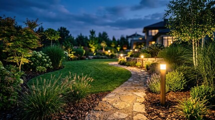 Obraz premium Beautifully Illuminated Garden Pathway at Dusk with Lush Greenery.