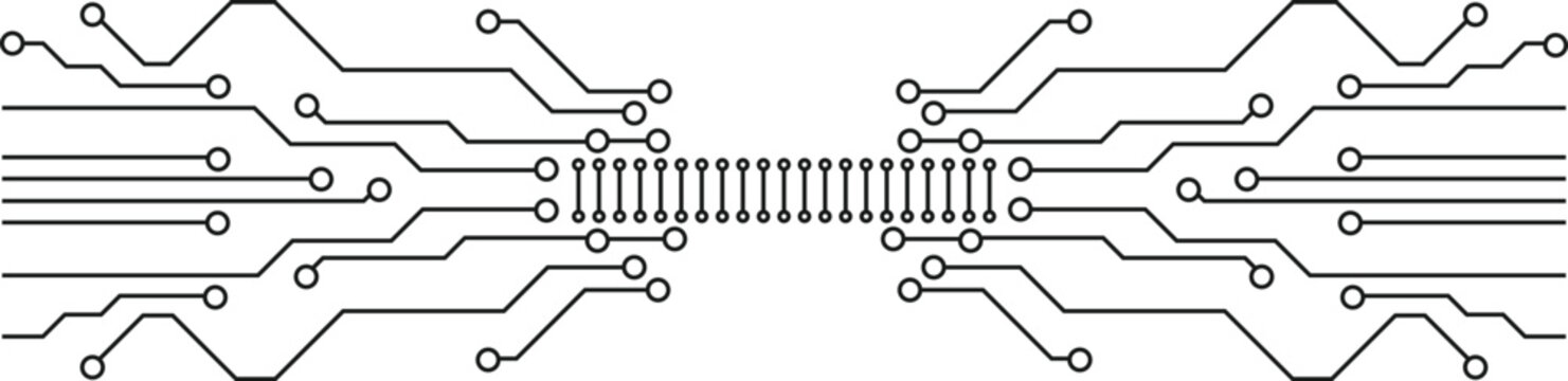 Circuit board horizontal trace pattern banner, Microchip digital connection outline schematic, Electronic technology motherboard hardware background. Editable Stroke.