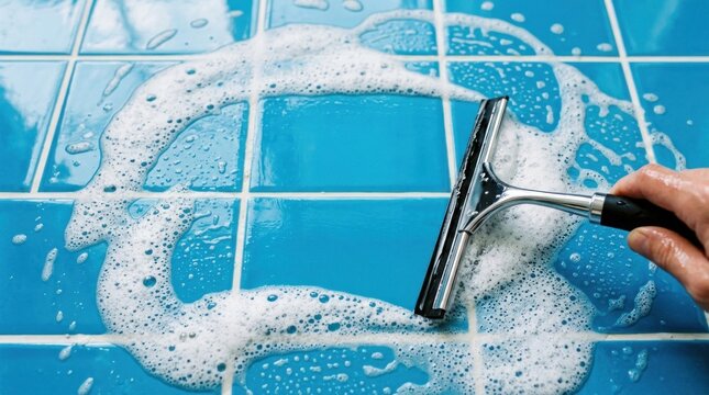 Closeup of a hand cleaning blue tiled surface with a squeegee and foam.