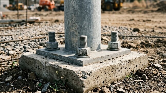 Closeup of a metal pole base secured with large bolts in concrete foundation.