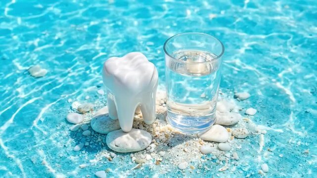 White tooth model next to glass of water on pebbles and sand in shallow blue pool. Dental health concept emphasizing hydration for oral hygiene and strong teeth maintenance