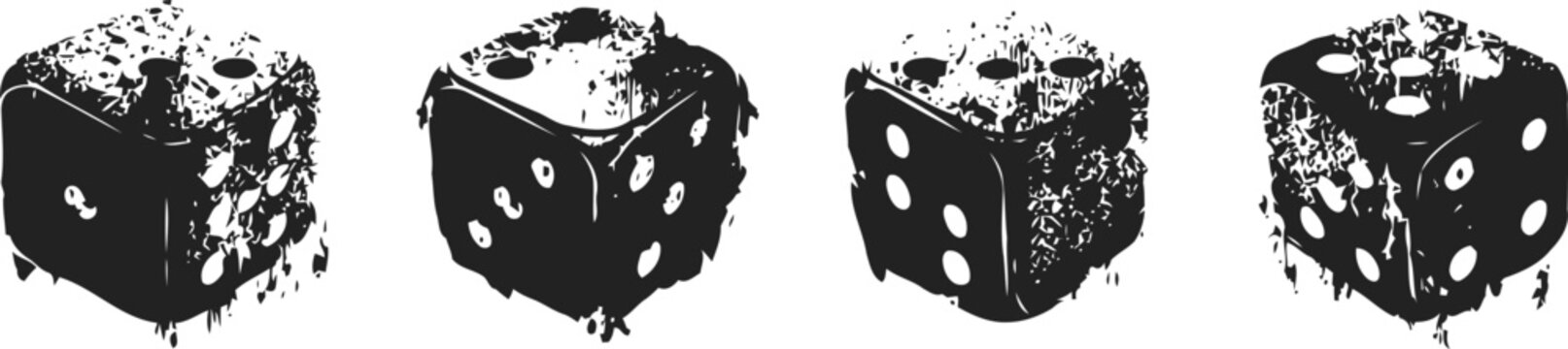 four black dice showing different white dot faces on a white background