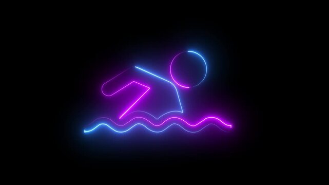 Neon swimming animation: glowing blue and pink sport symbol swimmer on black background .4k video animation .