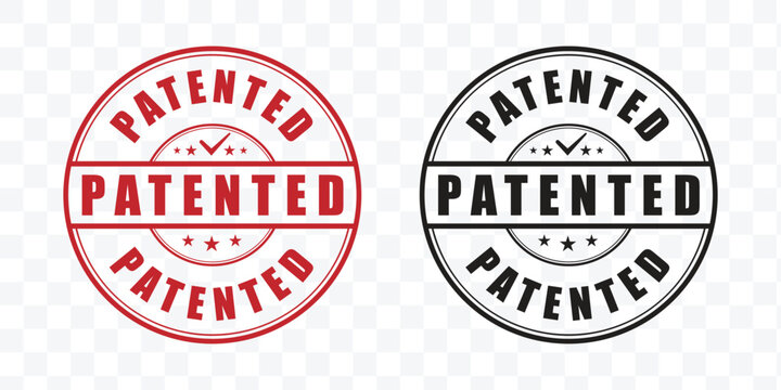 Patented rubber stamp vector set, red and black circular patent pending seal icons, official intellectual property certification labels for business