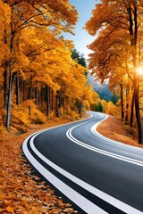 Obraz premium Winding road through autumn forest with golden leaves and sunlit scenic drive
