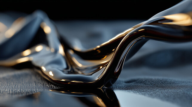Abstract liquid silk flowing gracefully across polished obsidian surfaces, creating elegant curves, smooth waves, and luxurious organic movement. The silk appears fluid yet refined, with rich satin-li