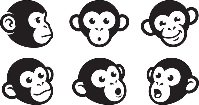 Minimalist monkey head icons set, cute chimpanzee face vector illustrations, black and white primate character emojis for branding and web design