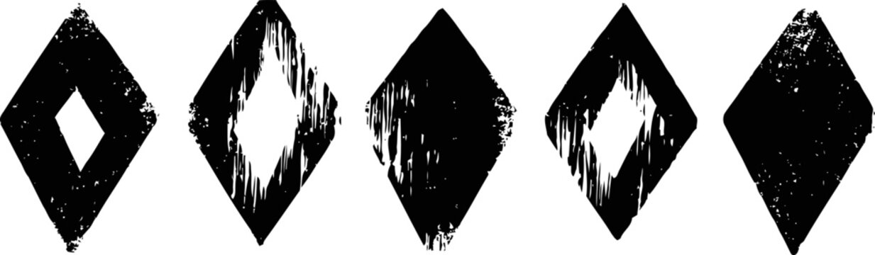 set of five black distressed diamond shapes with rough, textured edges isolated on white