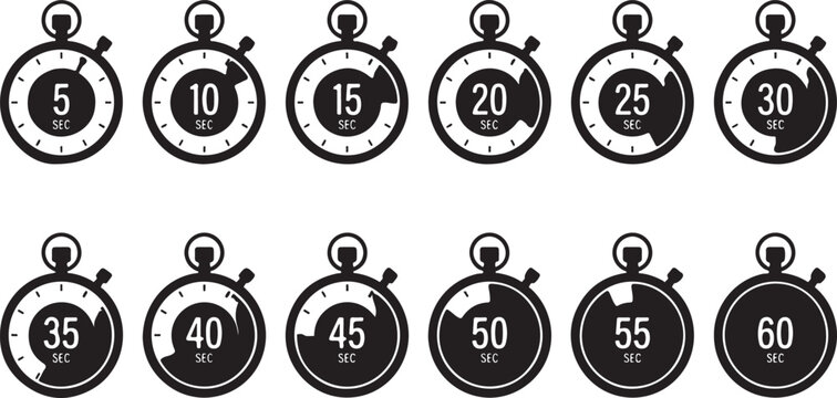Minimalist stopwatch icon set with 12 timer intervals, black and white countdown clock symbols, flat vector chronometers for sports and business