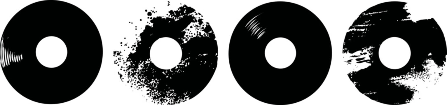 Vinyl record with various worn and scratched textures, vintage music discs in black