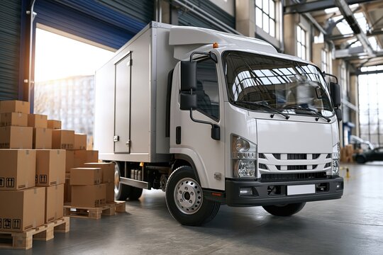 White freight truck at warehouse loading dock with stacked cardboard boxes