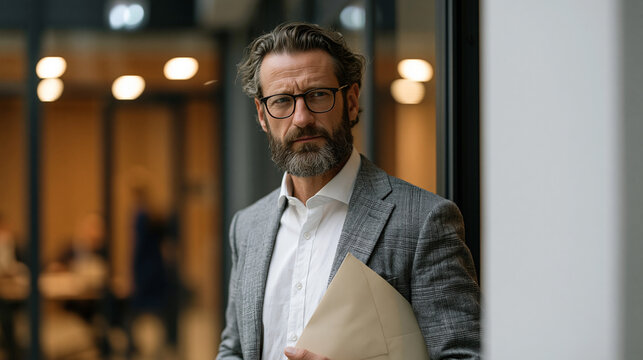Nervous mid-level manager in corridor holds sealed envelope and glances back over shoulder toward glass-walled executive suite, corporate whistleblowing concept, harsh overhead